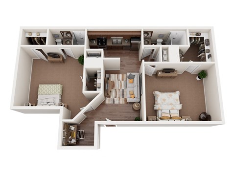 a stylized floor plan with a bedroom and a living room